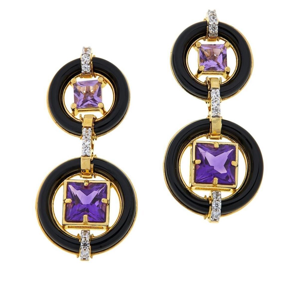 Rarities Gold-Plated Sterling Silver Art Deco Amethyst Black Onyx Drop Earrings